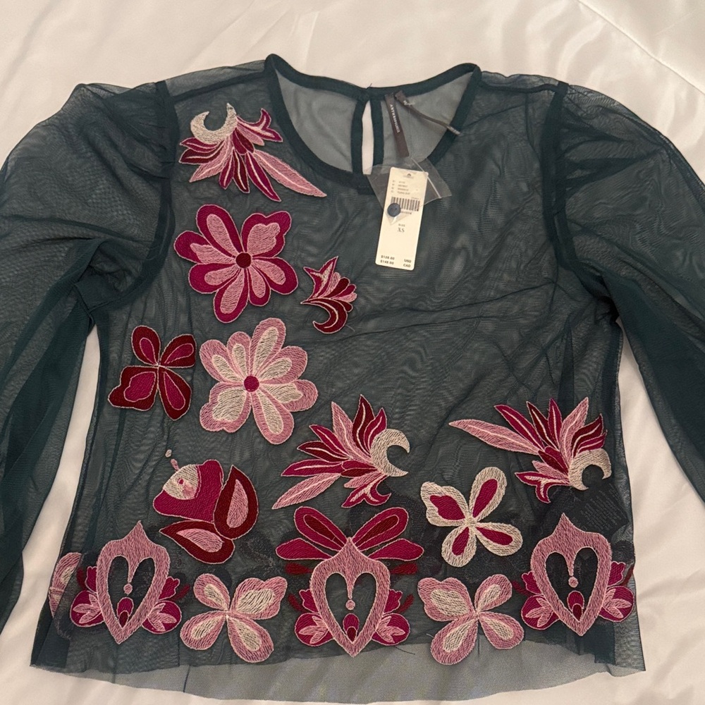 NWT Anthropologie Teal and Pink Floral Mesh Blouse